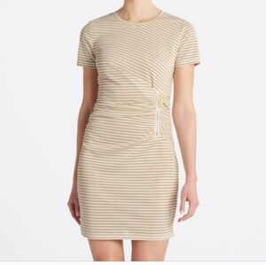 MICHAEL Michael Kors Metallic Stripe Ruched Side Zip Mini Dress M & L Tan Gol